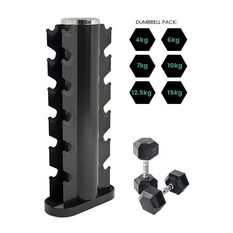 Rubber Hex Dumbbell Package with 6 - Tier Vertical Storage Rack